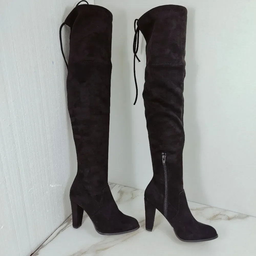 A New Day Black Microsuede Over The Knee Heeled Boots, Sz 7